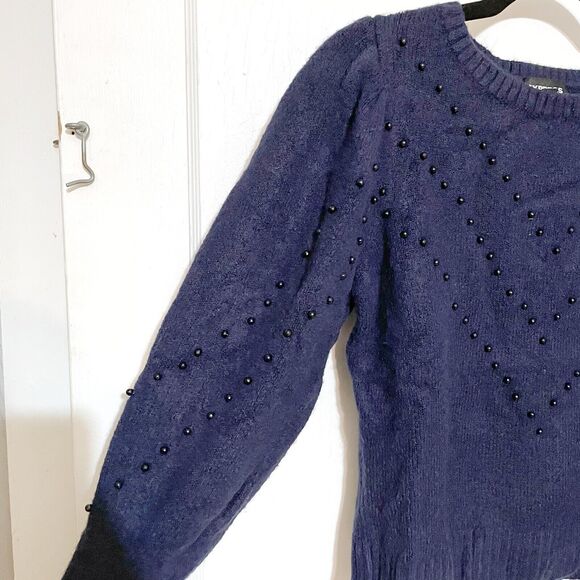 Express Chevron Beaded Blouson Long Puff Sleeve Navy Blue Sweater XS - Picture 2 of 5